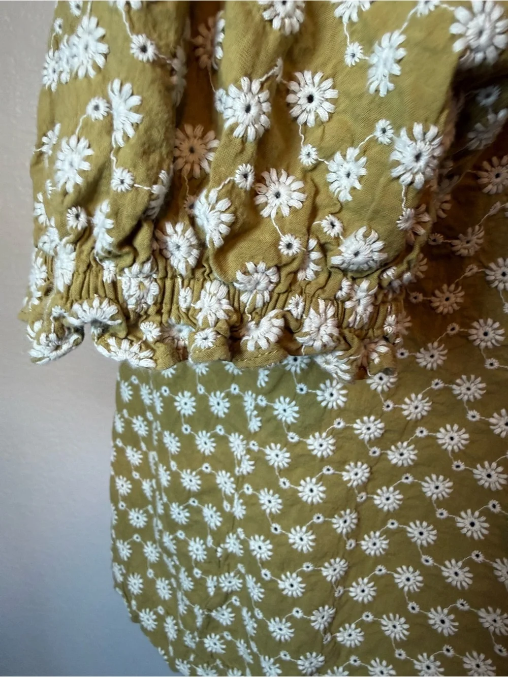 Madewell Daisy Embroidered Puff Sleeve Peasant Top Olive Green Size Medium